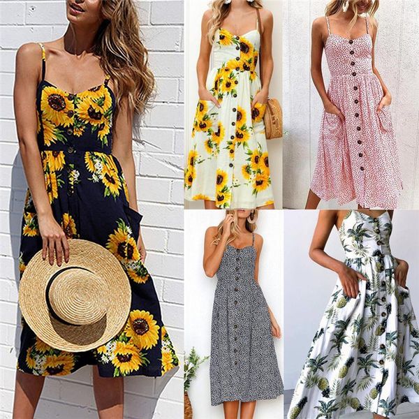 

summer women floral print midi dress pocket button spaghetti strap prairie chic sundress casual plus size beach vestidos verano dresses, Black;gray