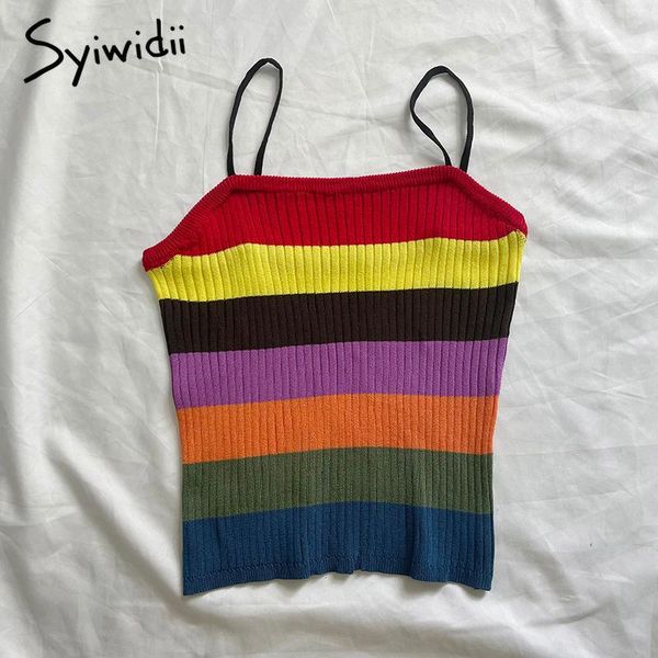 

syiwidii spaghetti strap tank for women t shirt crop striped knitted cami short casual spandex stretch summer fashion women's tanks, White