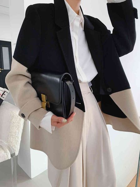 

women's down & parkas american wool color contrast suit design short double face cashmere jacket tweed version bp6n, Black