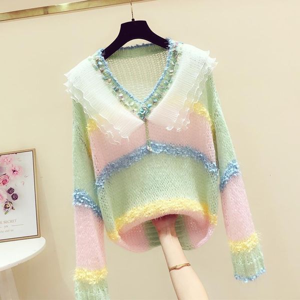 

women's sweaters sequined colorful knitted women sweater pullovers autumn design 2021 v-neck ruffles elegant female pulls outwear, White;black