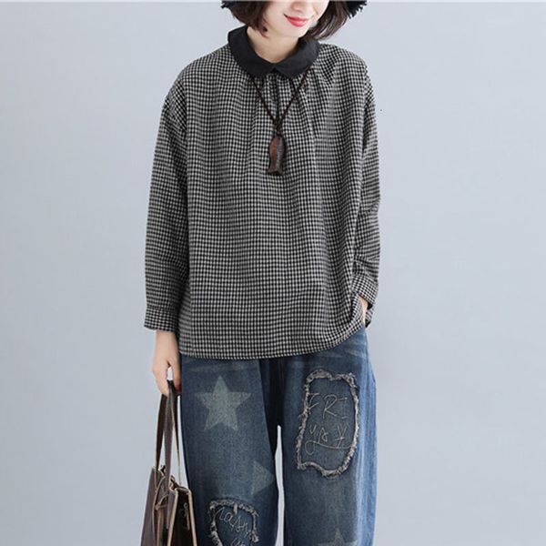 

women's blouses & shirts spring autumn arts style women peter pan collar long sleeve casual cotton linen plaid loose big size m645, White