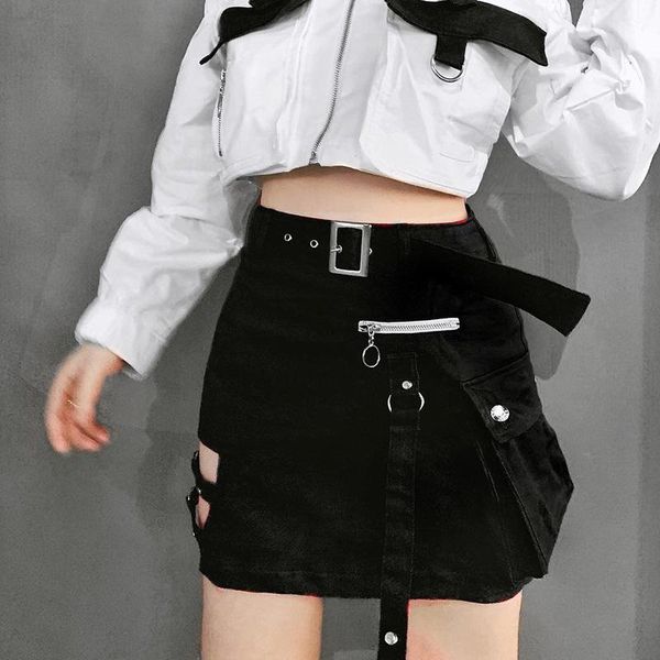 

skirts 2021 summer pencil skirt punk style high waist female above knee, mini women short hole clothing streetwear, Black