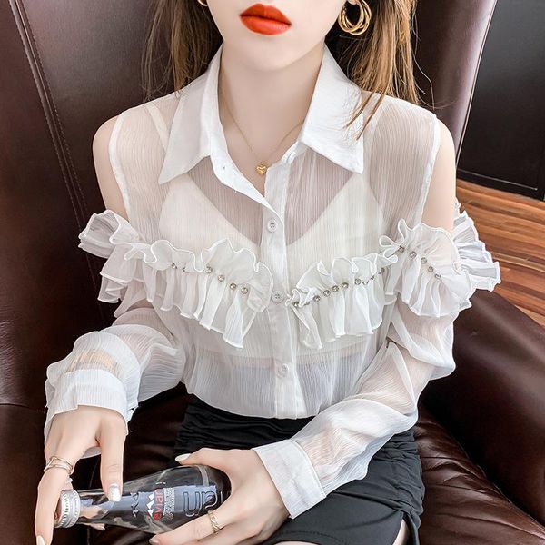 

women's blouses & shirts bask chiffon unlined upper garment of female summer fashion design feels loose long-sleeved that show a should, White