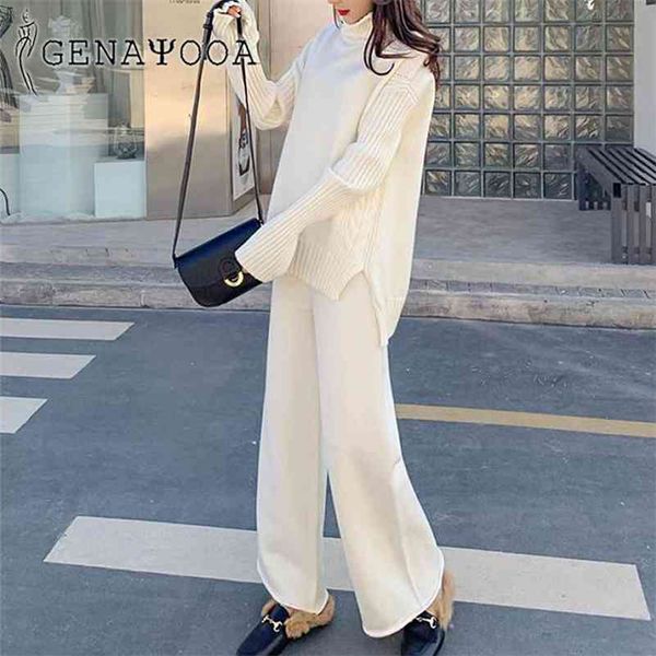 

genayooa turtleneck pullover 2 piece set women warm winter knit sweater two piece set and pants tracksuit women korean 210709, White