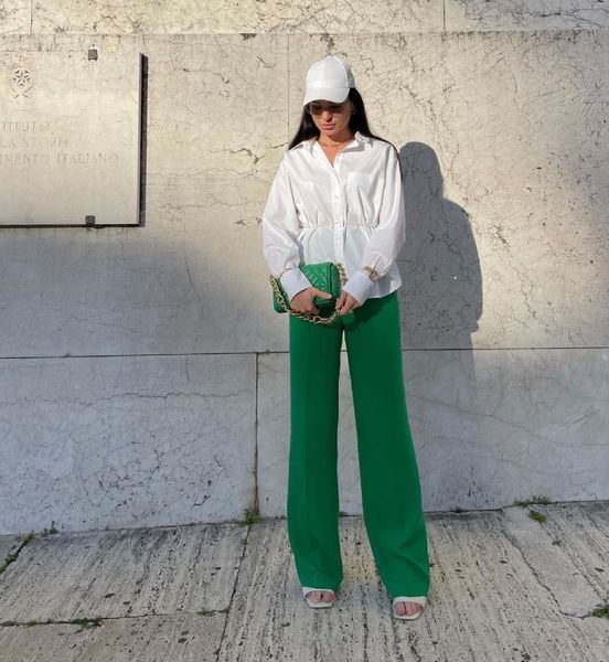 

women's pants & capris za 2021 summer dark green loose wide leg zipper single button width chic design retro british style, Black;white