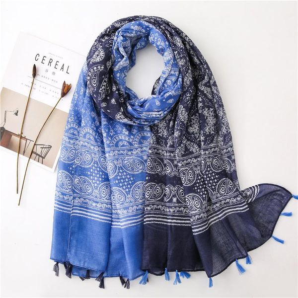 

scarves bohemia style women summer cotton scarf shawl female viscose patchwork pashmina tassel retro bandana wraps foulard femme, Blue;gray