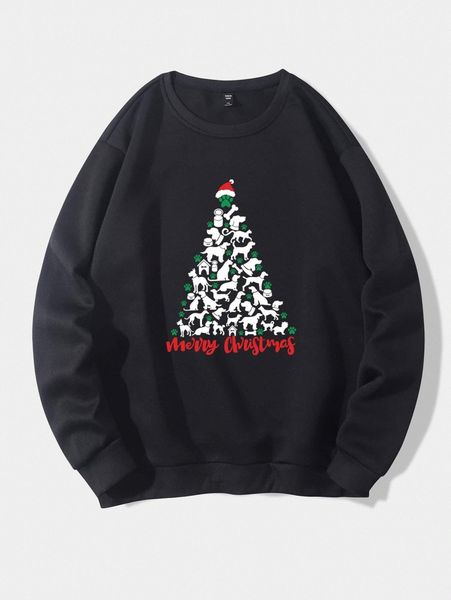 

plus christmas print thermal lined sweatshirt j70e#, Black