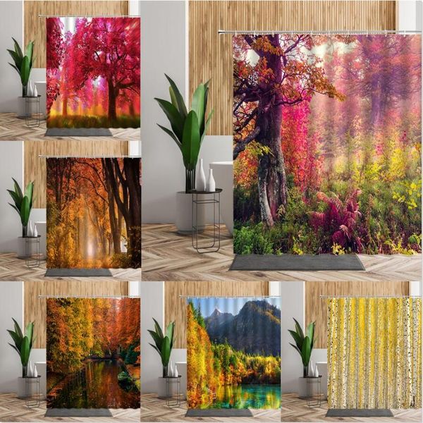 

shower curtains autumn forest tree fallen leaves natural landscape bath decoration modern scenery waterproof home bathroom decor