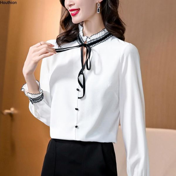 

women's blouses & shirts blouse long sleeve v-neck solid color splicing fashion 2021 shirt casual summer houthion, White