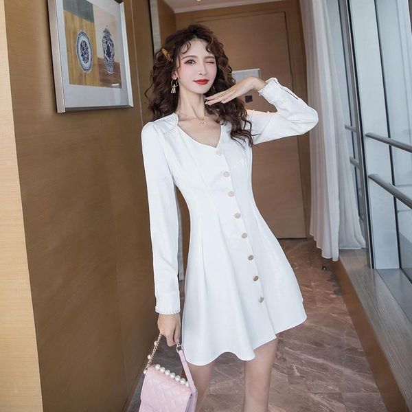 Vestido de primavera Mulheres botão Slim A-Line Sexy Coreano Office Use Ladies Elegantes vestidos vestidos 20411 casual
