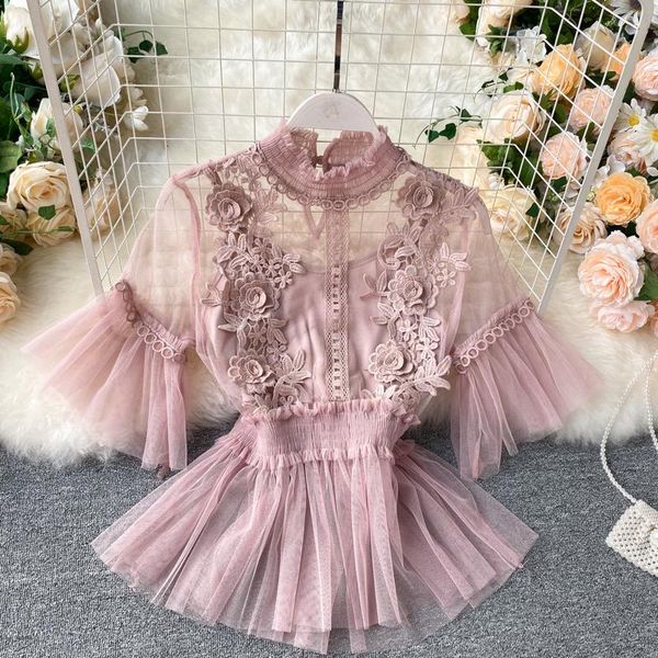 

women's blouses & shirts summer women fashion sheer lace blouse lantern sleeve 3d floral elegant blusas femininas, White