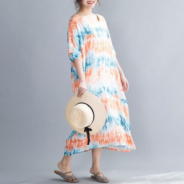 

party dresses women loose tie-dye print half batwing sleeves pockets oversized baggy boho holiday beach casual robes 897s, White;black