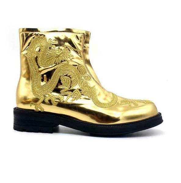 

dress shoes chinese dragon embroidery mens shiny leather zip ankle boot casual boots patent black gold 2021