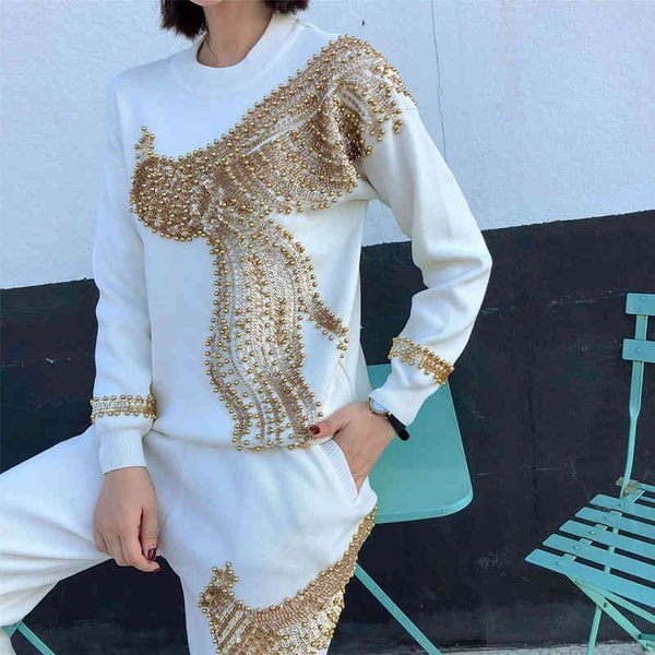 

women's two piece pants long-sleeve phoenix fashion sweater, loose female ensemble knitted or crocheted casual, two-piece, spring gqbm, White
