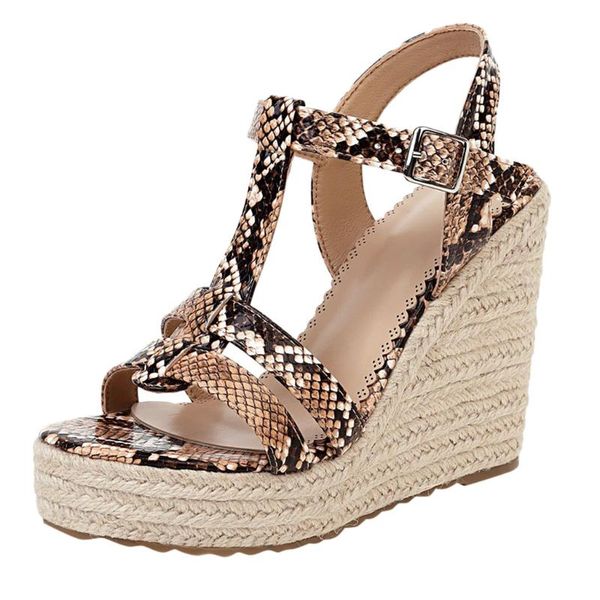 

plus size women sandals woman 2021 summer vintage buckle snake print shoes thick bottom wedge heel shallow, Black