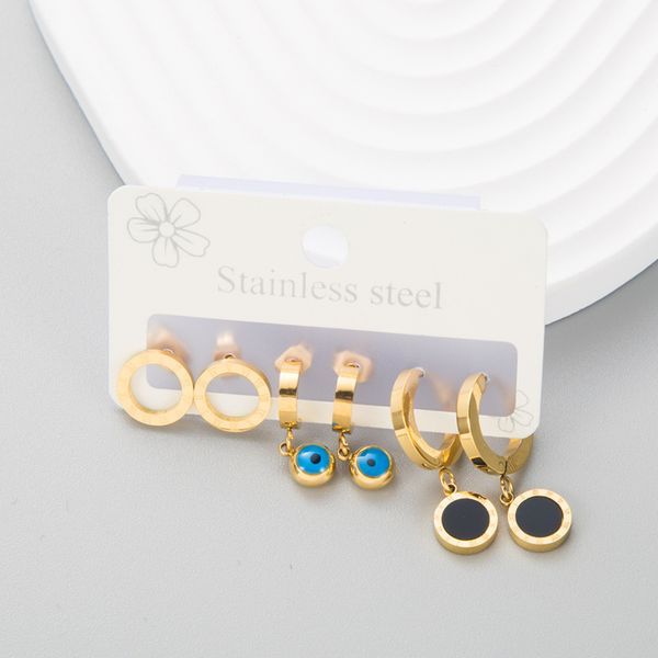 

resin devil eye black enameled charm earring titanium steel roman numerals stud jewelry 3 pairs/set, Golden