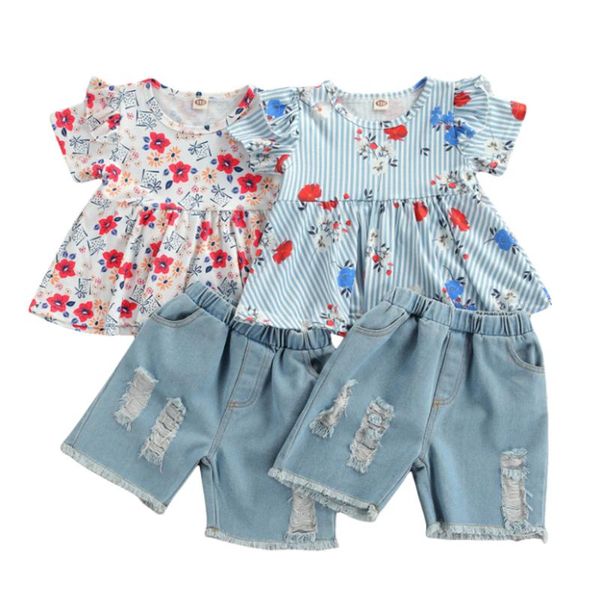 

1-6y fashion children kids baby girl summer clothing set 2pcs outfits floral print t shirt +casual denim shorts sets, White