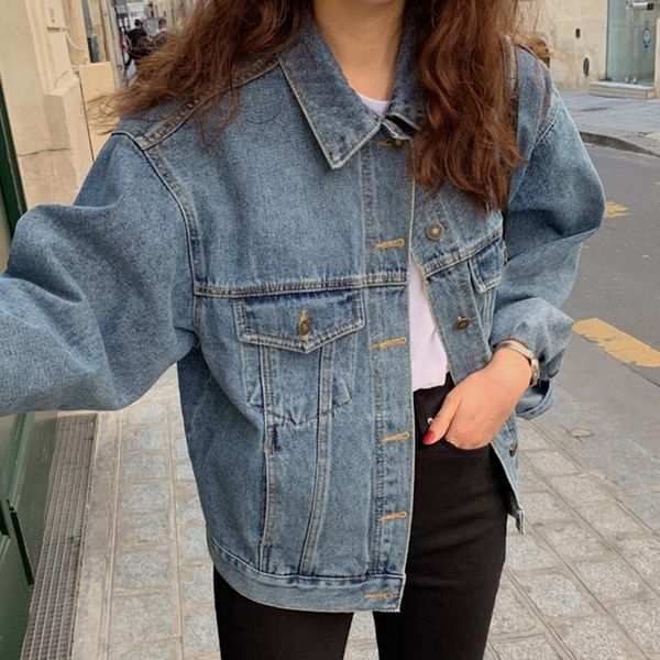 

women's jackets [ewq] 2021 autumn ladies jacket retro lapel single-breasted loose multi-pocket wild washed blue old denim short coat qb, Black;brown