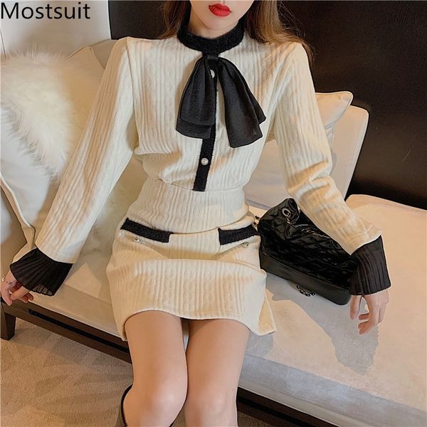 

elegant vintage two piece skirt set women spring bow + a-line mini suits outfits korean fashion ladies 2 pcs 210518, White