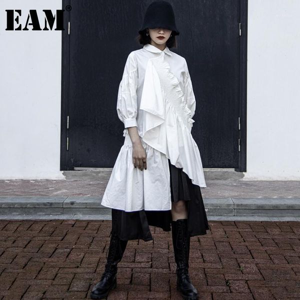 

casual dresses [] women irregular ruffles pleated shirt dress lapel three quarter sleeve loose fashion tide spring summer 2022 1dd8476, Black;gray