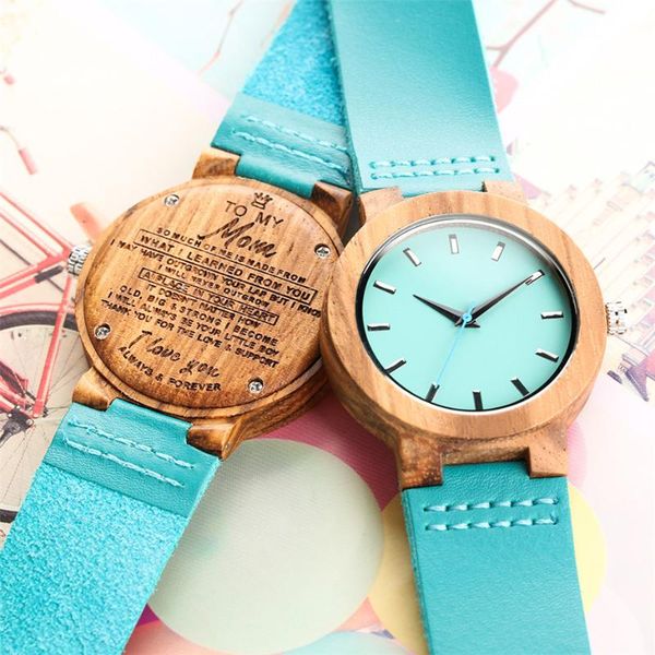 

wristwatches elegant unique blue leather band wooden women watches carving word 'to my mom/wife' ladies wrist watch timepieces boy, Slivery;brown