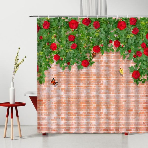 

shower curtain green leaf red rose brick wall butterfly modern bedroom garden decor pography background bathroom curtains set
