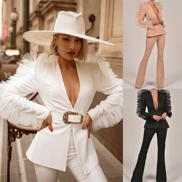 

women's two piece pants est style women suits 2 pieces party suit deep v neck fashion real image coat+ pant, White
