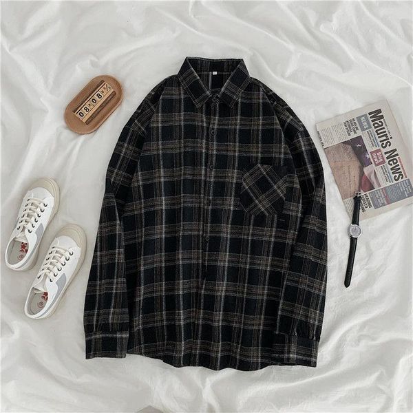 

women's blouses & shirts women oversized brown leisure fashion loose all match plaid shirt long sleeve blouse soft chic, White