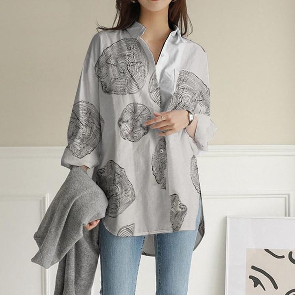

women's blouses & shirts vintage printed women blouse 2021 spring long casual ladies loose sleeve female cotton robe tunic blusas, White