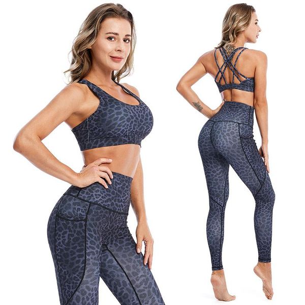 

seamless yoga set fitness clothing leopard print high elastic hip sports female gym padded push up bra 2pcs suits outfit
