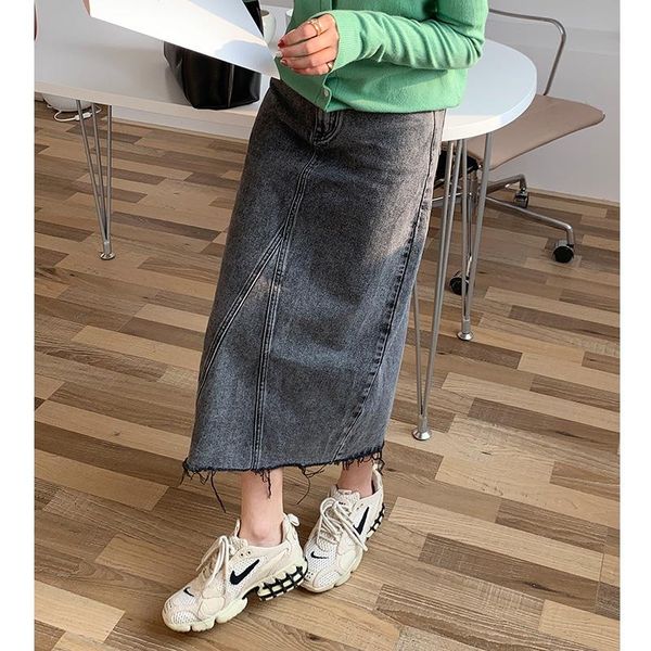 

summer korean high waisted mid-length denim skirt vintage split tassel slim a-line q470 skirts, Black