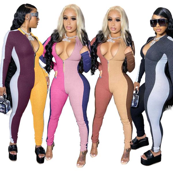 Tasarımcı Deep V Boyun Kadın Tulum Örgü Strip Seksi Romper Ekleme Zarif Moda Sıska Bodysuit Pullover Rahat Kulüp giysileri