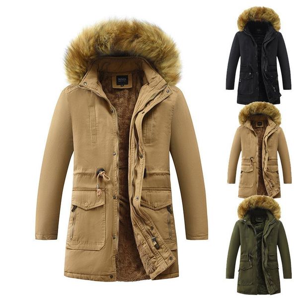 

men's jackets winter cotton padded jacket with drawstring waist and plush hooded wool collar, Black;brown