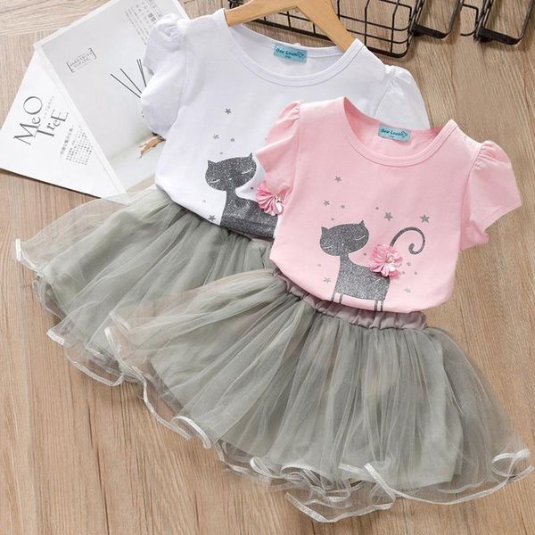 

kids baby girl cartoon outfits cute cat kitten print t-shirt tulle skirt sets 2021 summer toddler children dress outfit set clothing, White