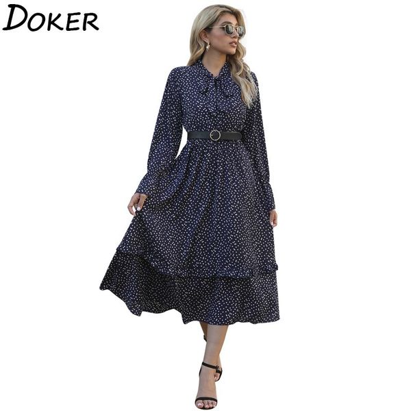 

women polka dot chiffon midi dress spring autumn vintage bow tie long sleeve casual ruffle dress ladies elegant dresses vestidos 210423, Black;gray