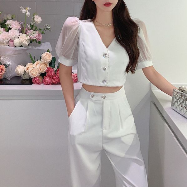 

women's two piece pants korean ol set women bubble sleeve cardigan + high waist pant suits summer fashion crop trousers 2 te7c, White
