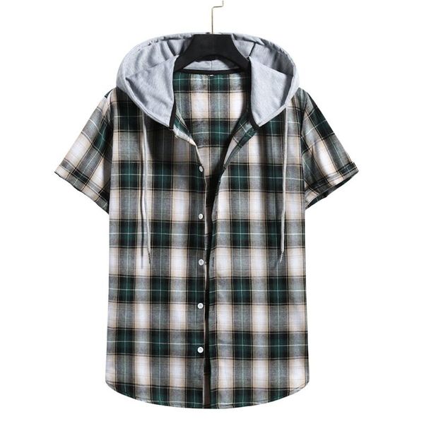 

men's t-shirts lattice print street style with hat pullover summer casual loose lapel hooded check short sleeve cool, White;black