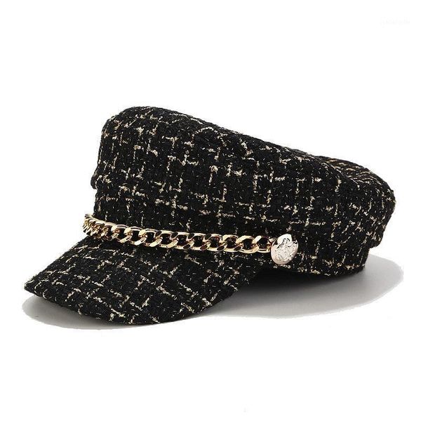 

berets fashion brand women hats tweed plaid sboy caps chain flat visor cap vintage military female autumn winter hat, Blue;gray