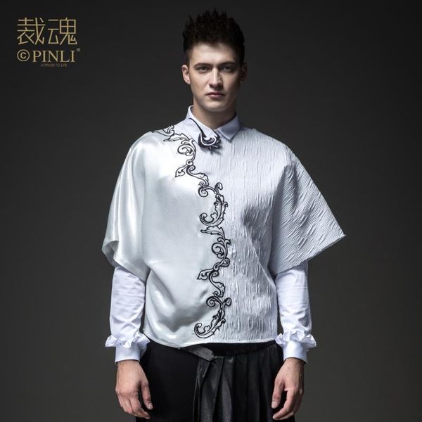 

men's casual shirts male white fashion personality design autumn stitching embroidery short-sleeved shirt bc183111048, White;black