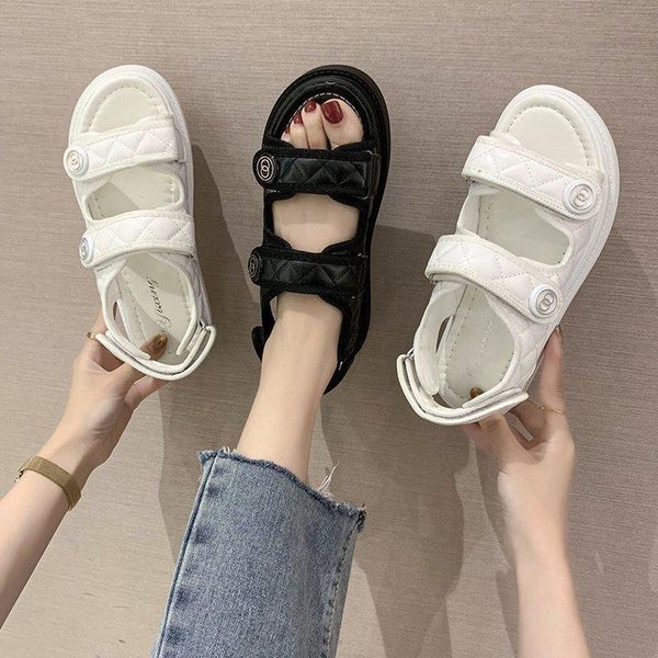 

sandals women's metallic decoration open toe flat outdoor vacation beach shoes comfortable casual, Black