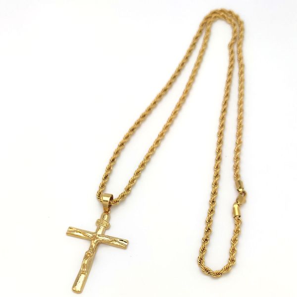 Jesus Crucifixo Cruz Pingente Amarelo Fino 4mm Corda Italiana Colar Hip Hop Corrente 31 polegadas 22k Ouro Maciço 18 quilates BAHT TAILANDÊS G/F