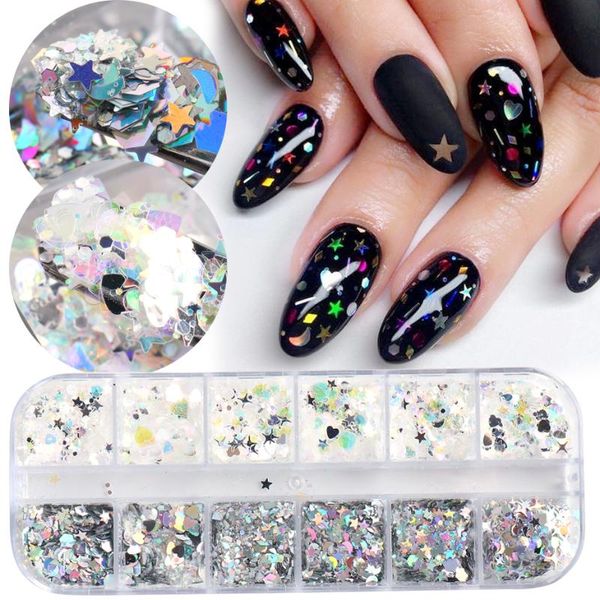

nail glitter holographic flakes for nails mermaid sliver sparkling pigment star heart moon ab summer art decoration tips sajx05, Silver;gold