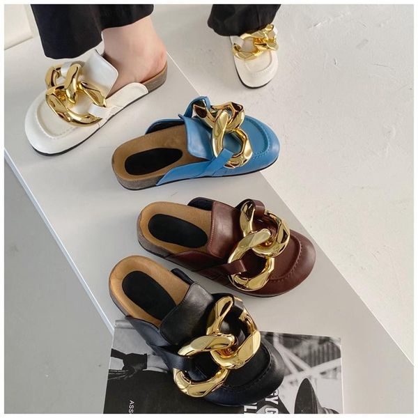 

slippers household summer flat casual women genuine leather gold chain decor sandals lazy mullers comfort vacation shoes female, Black