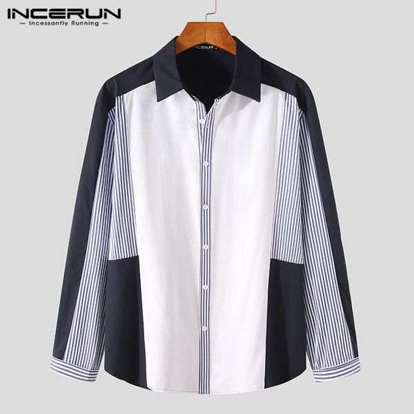 

casual men shirt striped patchwork lapel long sleeve 2021 fashion korean blouse personality streetwear camisa incerun s-3xl men's shir, White;black