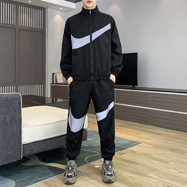 

spring and new leisure autumn men's trend stripe stand collar sports suit, Gray