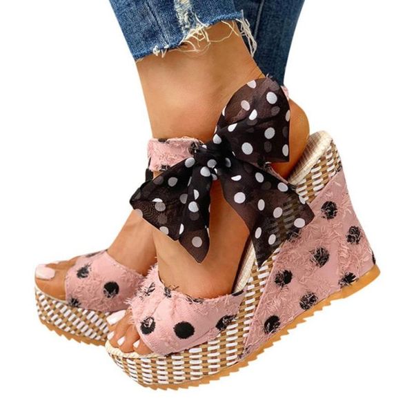 

sandals ladies platform wedge fashion polka dot lace-up shoes 2021 summer, Black