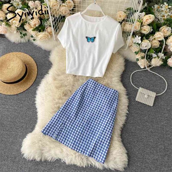 

2 piece skirts sets women summer fashion short sleeve o neck t shirts back zipper plaid mini skirt 210607, White