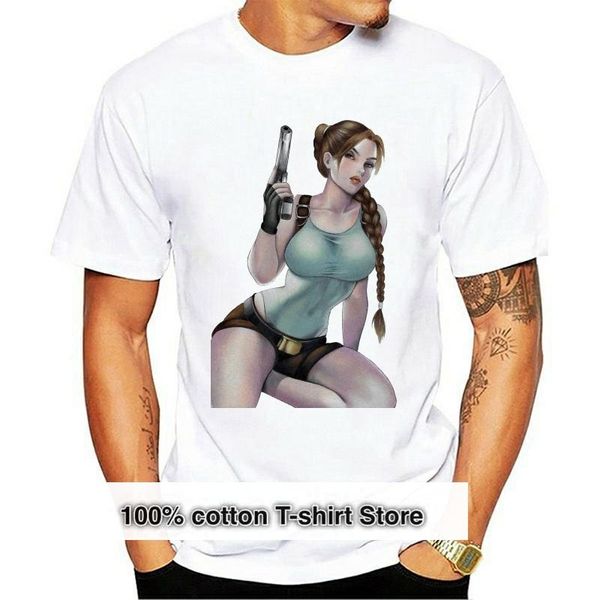 

men's t-shirts tomb raider lara croft gun holding white t shirt, White;black