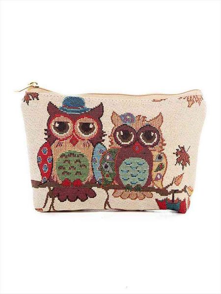 

female casual owl jacquard cosmetic bag zipper canvas travel makeup storage bag girl cute finishing 4896-7