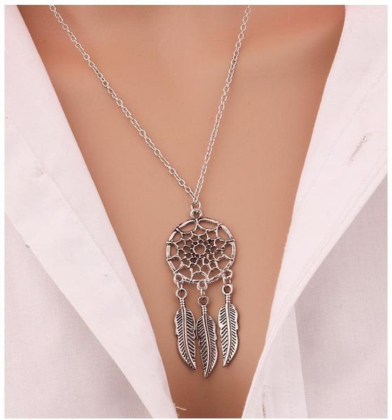 Заявление о горячем сменю Заявление Ожерелья Dreamcatcher Antique Серебряные бирюзовые крылья Перо Длинные кулон Ожерелья для женщин 4 стилей